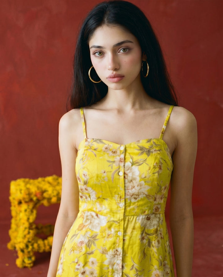Yellow Printed Silk Blended Midi Dress
