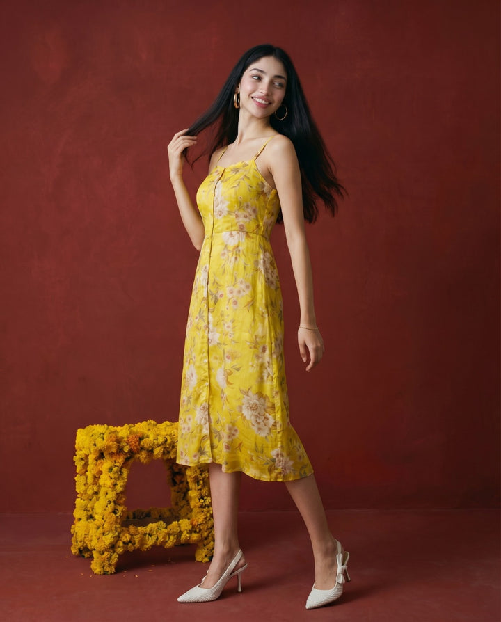 Yellow Printed Silk Blended Midi Dress