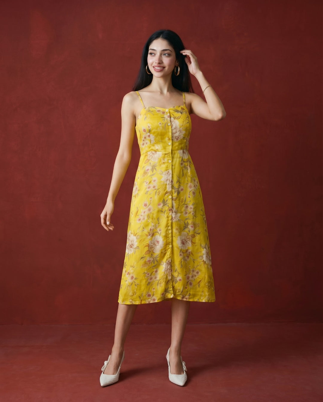 Yellow Printed Silk Blended Midi Dress