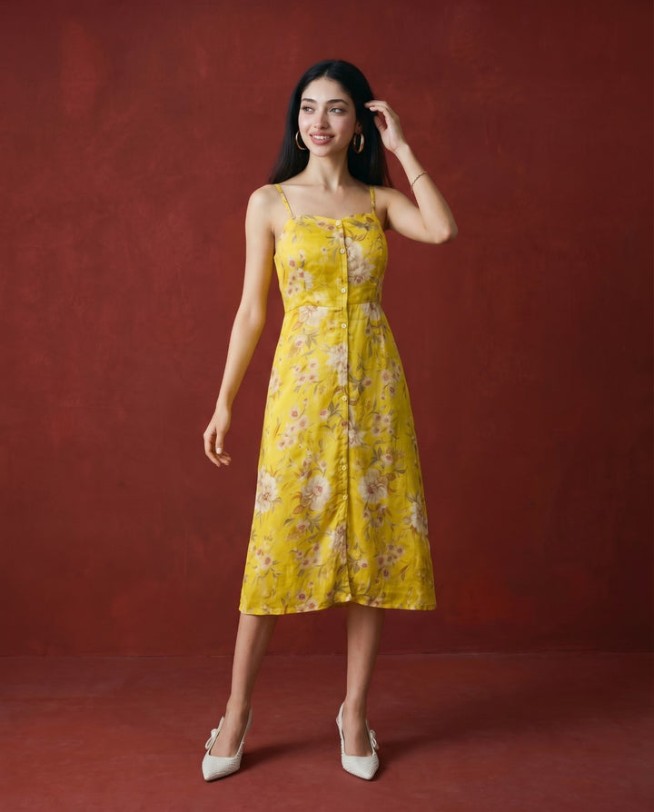 Yellow Printed Silk Blended Midi Dress