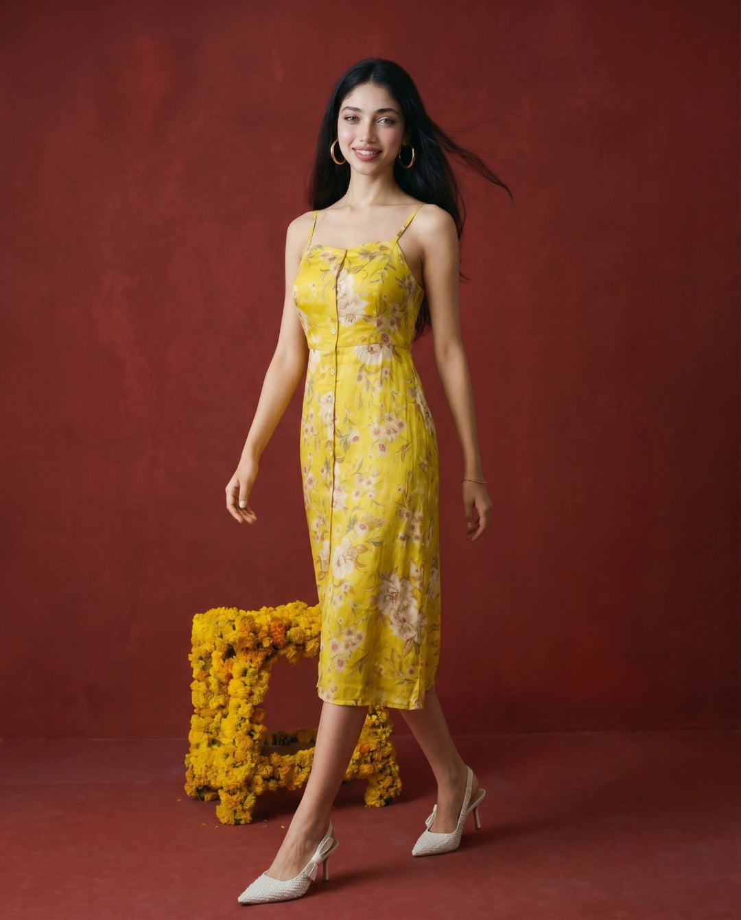 Yellow Printed Silk Blended Midi Dress