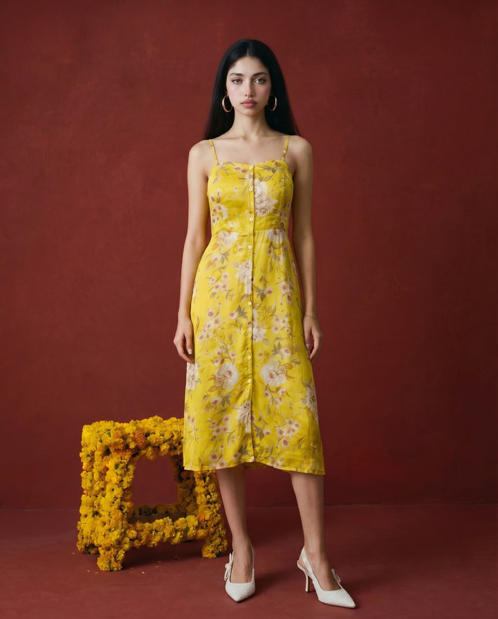 Yellow Printed Silk Blended Midi Dress
