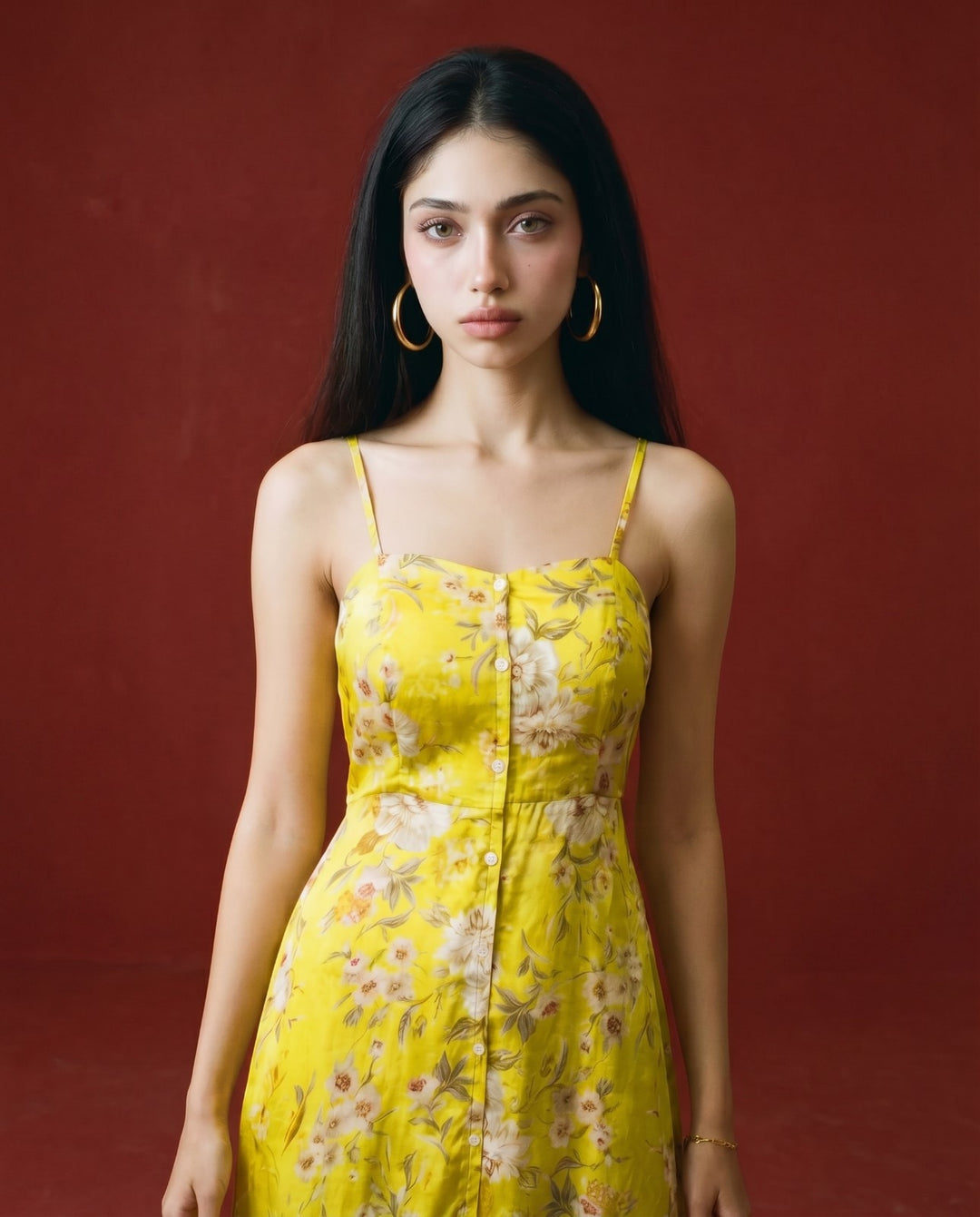 Yellow Printed Silk Blended Midi Dress