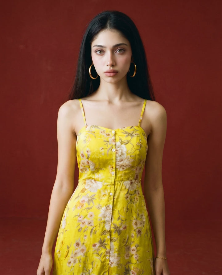 Yellow Printed Silk Blended Midi Dress