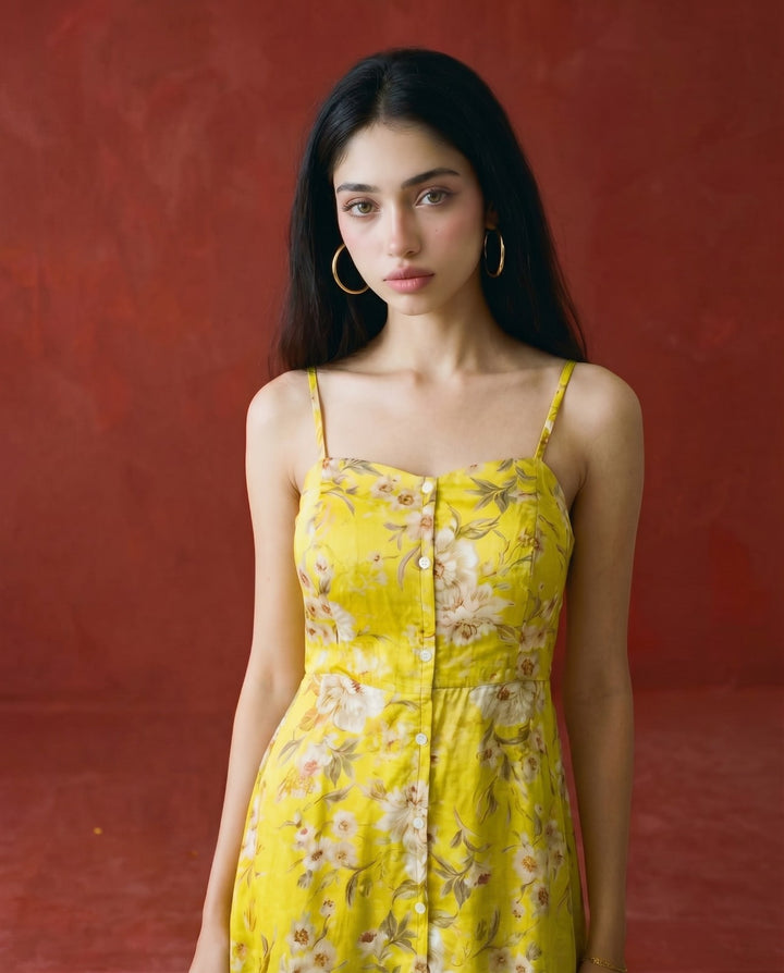 Yellow Printed Silk Blended Midi Dress