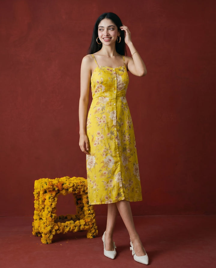 Yellow Printed Silk Blended Midi Dress