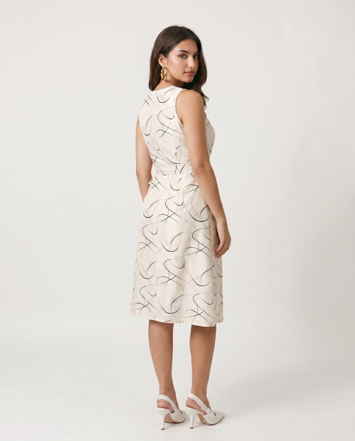 Black Printed &amp; Embroidered Cotton Blended Midi Dress