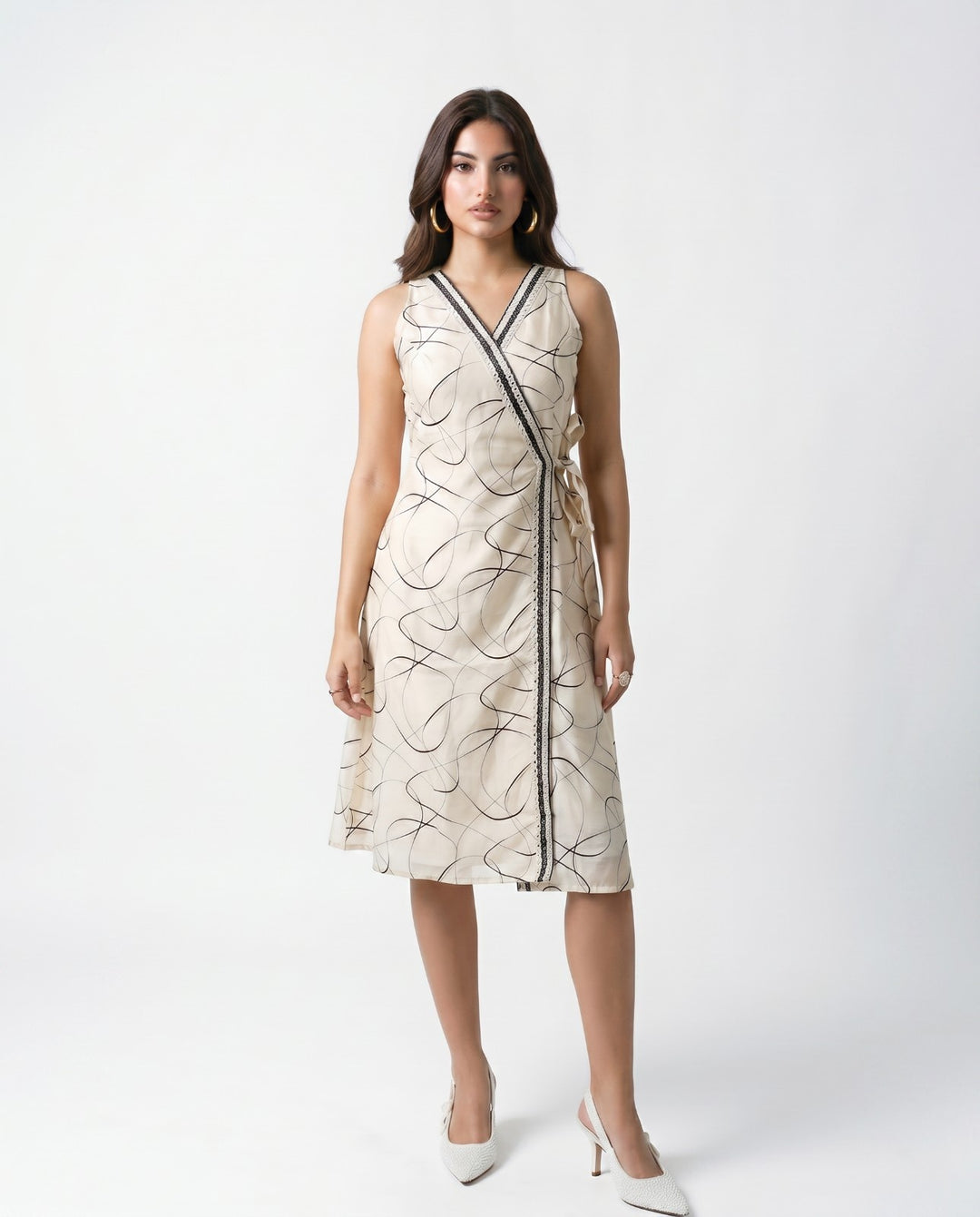 Black Printed &amp; Embroidered Cotton Blended Midi Dress