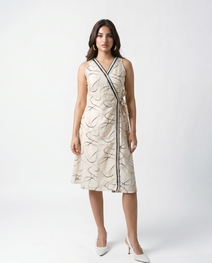 Black Printed &amp; Embroidered Cotton Blended Midi Dress