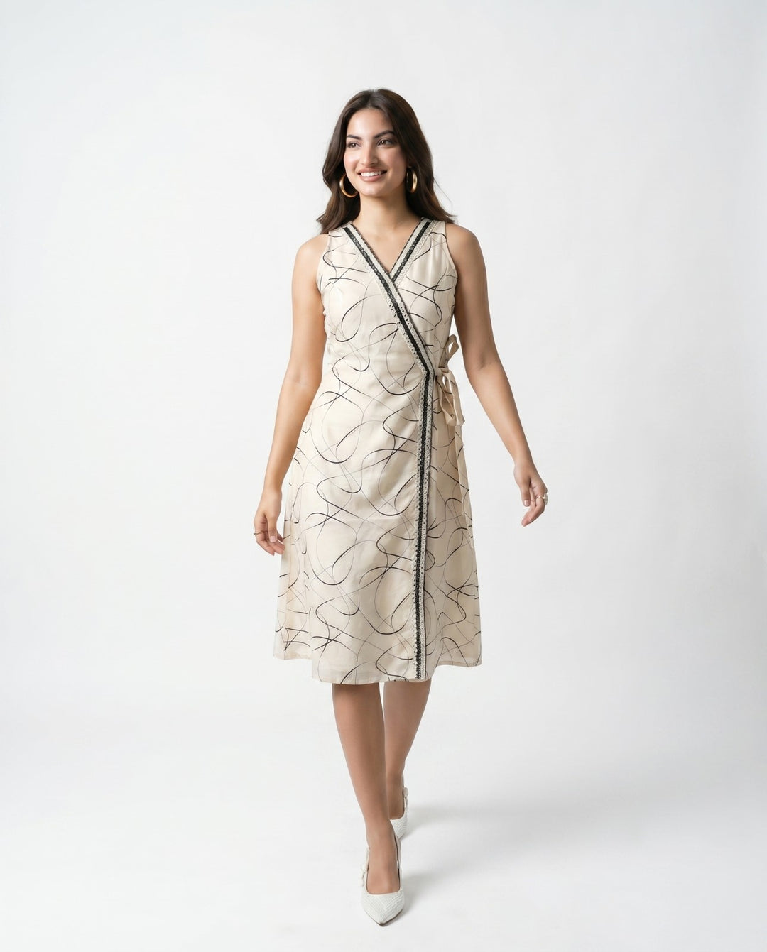 Black Printed &amp; Embroidered Cotton Blended Midi Dress