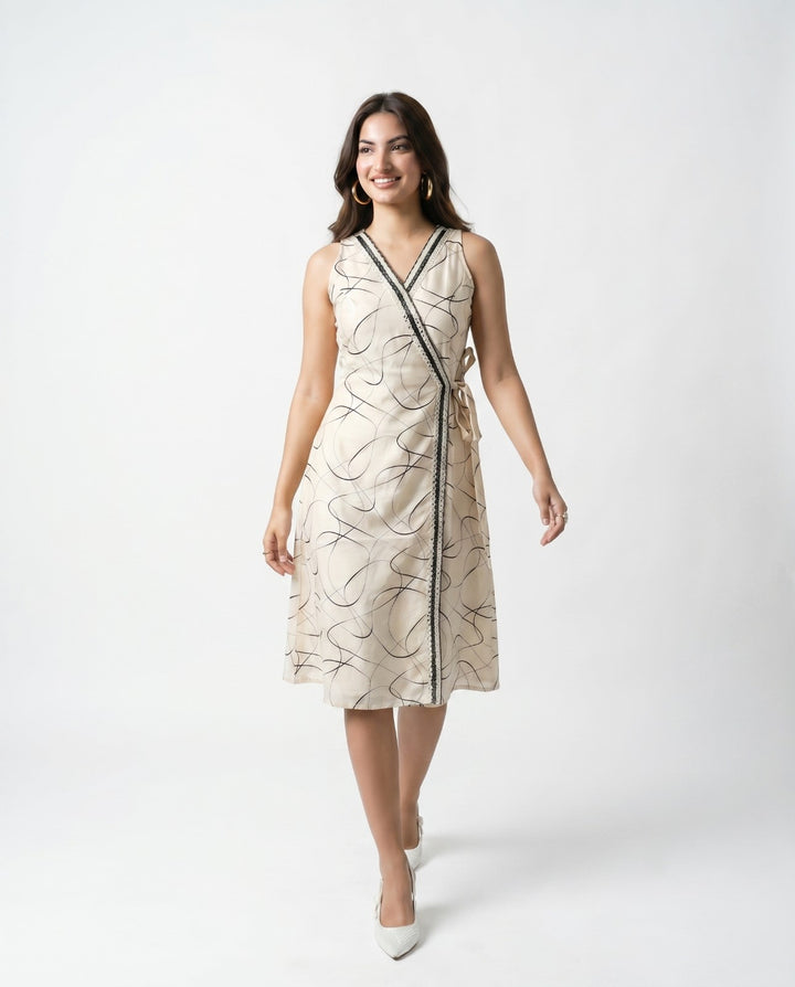 Black Printed &amp; Embroidered Cotton Blended Midi Dress