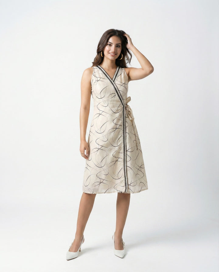 Black Printed &amp; Embroidered Cotton Blended Midi Dress