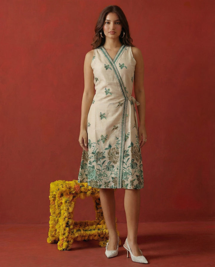 Blue Printed &amp; Embroidered Cotton Blended Midi Dress