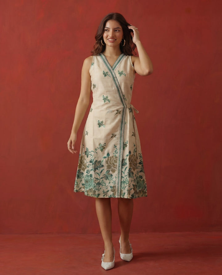 Blue Printed &amp; Embroidered Cotton Blended Midi Dress