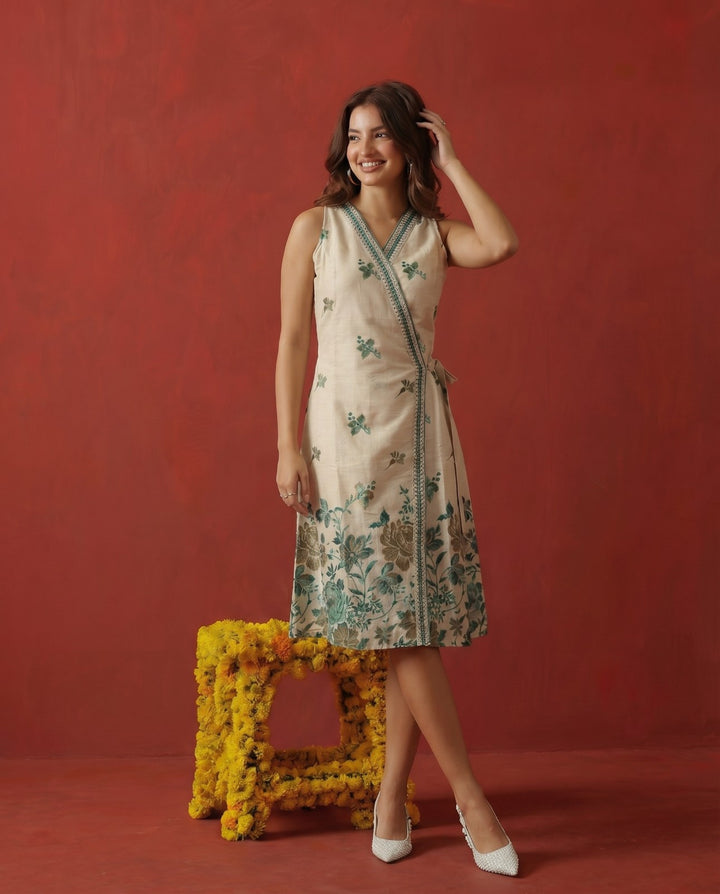 Blue Printed &amp; Embroidered Cotton Blended Midi Dress