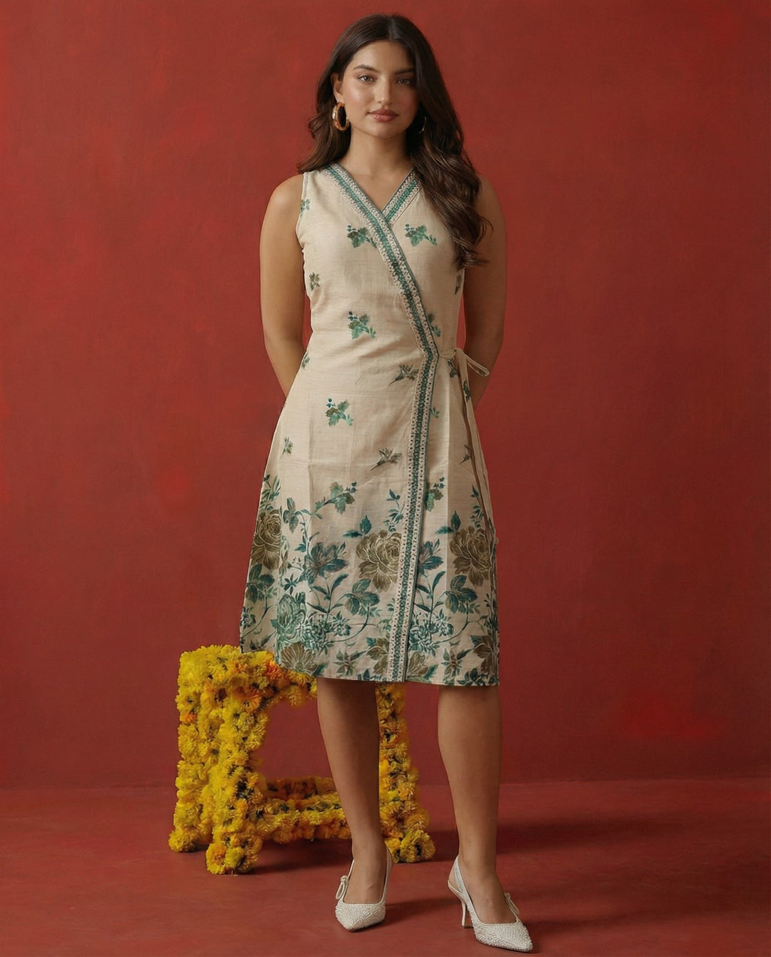 Blue Printed &amp; Embroidered Cotton Blended Midi Dress