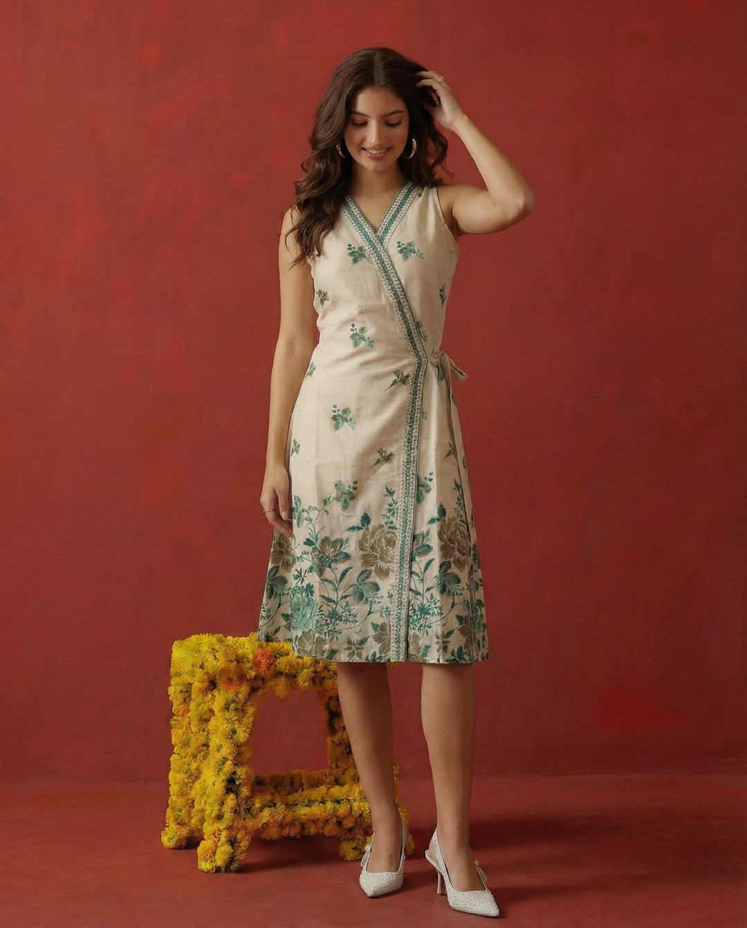 Blue Printed &amp; Embroidered Cotton Blended Midi Dress