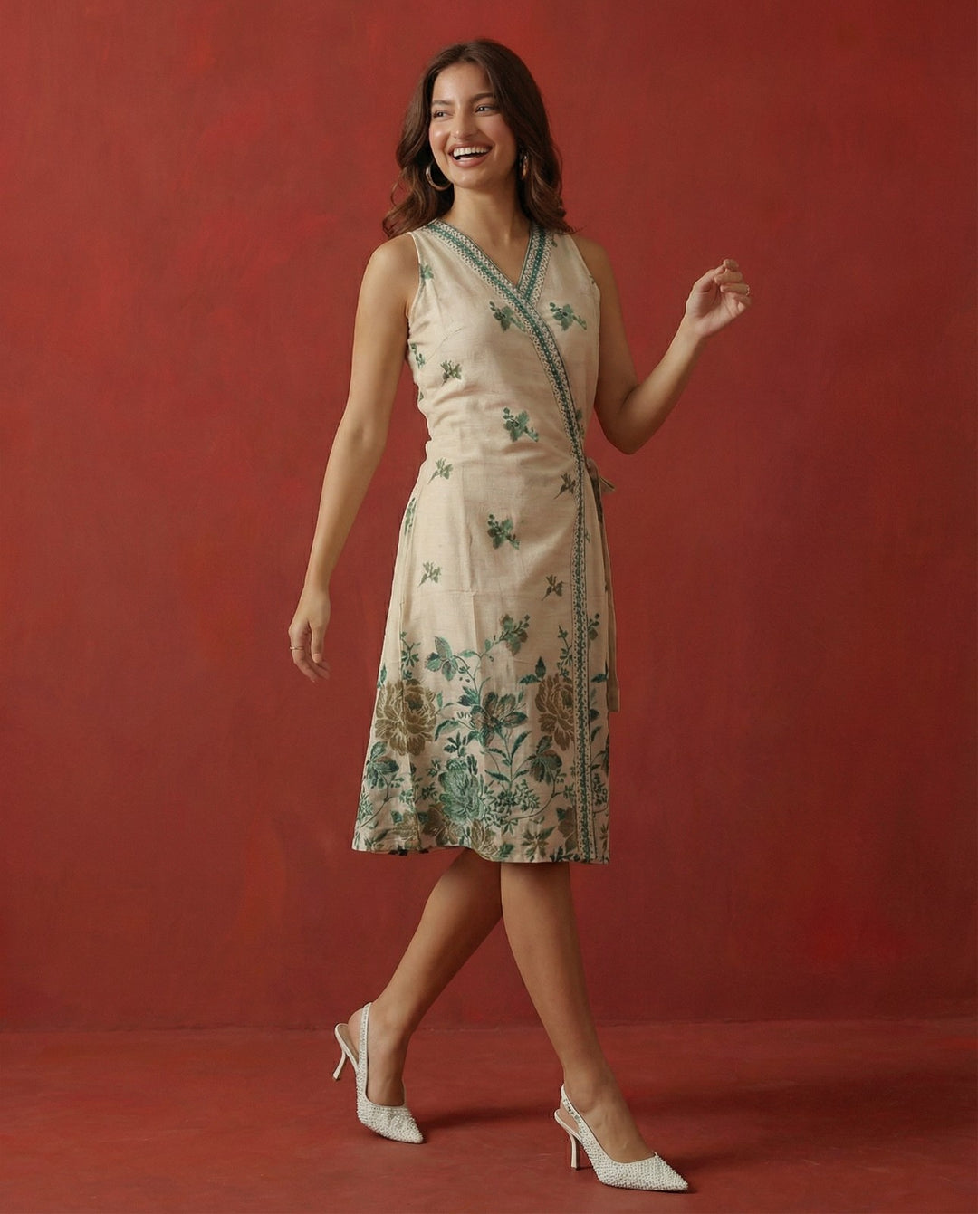 Blue Printed &amp; Embroidered Cotton Blended Midi Dress