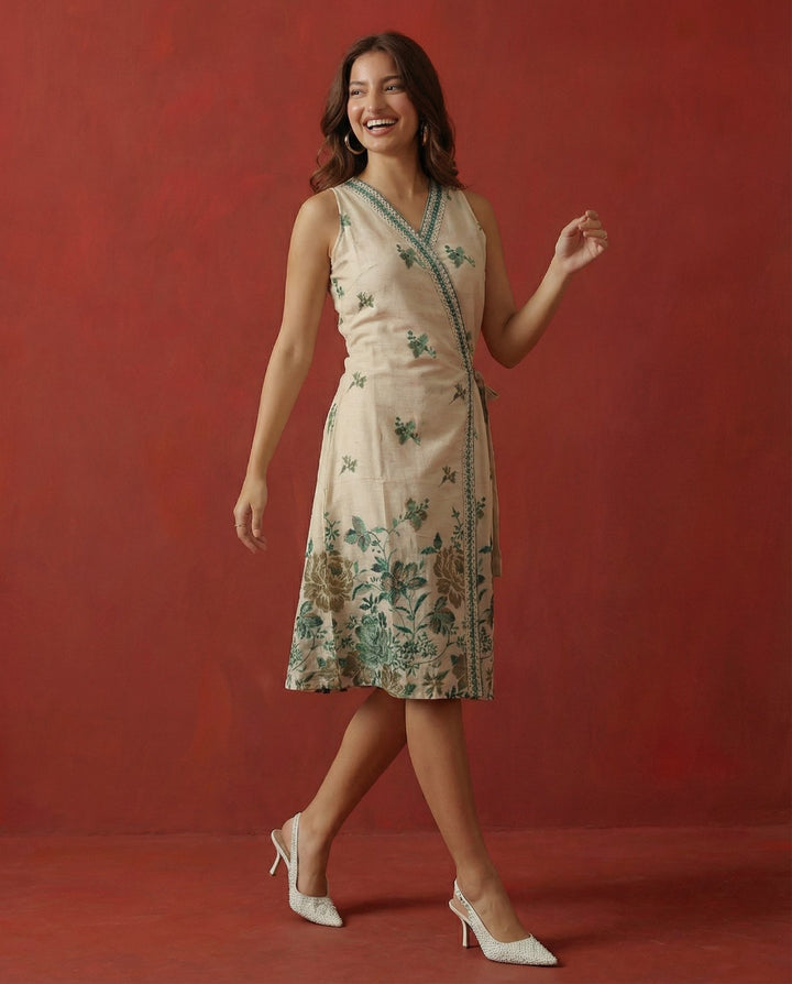 Blue Printed &amp; Embroidered Cotton Blended Midi Dress