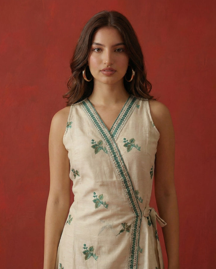Blue Printed &amp; Embroidered Cotton Blended Midi Dress