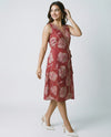 Magenta Printed & Embroidered Cotton Blended Midi Dress