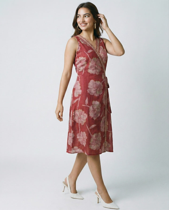 Magenta Printed &amp; Embroidered Cotton Blended Midi Dress