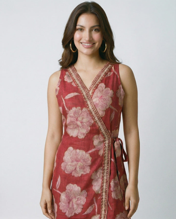 Magenta Printed &amp; Embroidered Cotton Blended Midi Dress