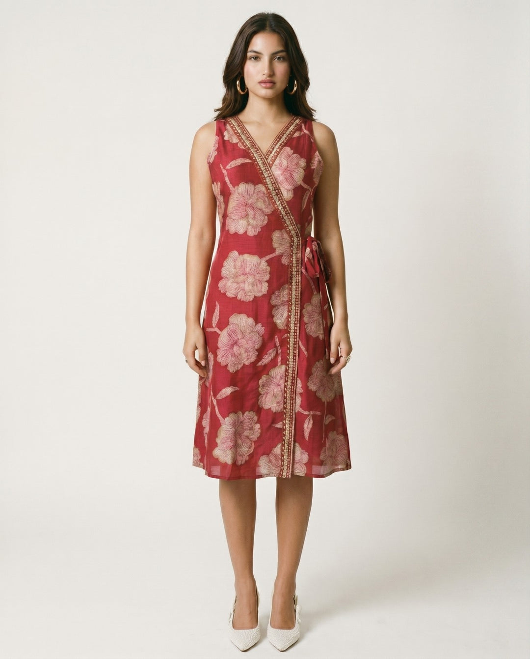 Magenta Printed &amp; Embroidered Cotton Blended Midi Dress