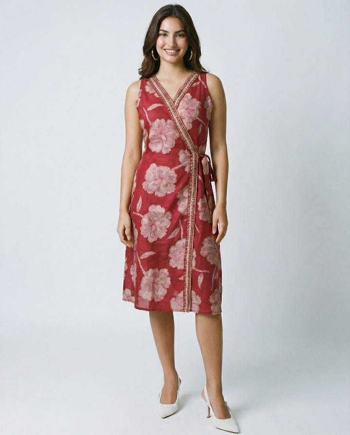 Magenta Printed &amp; Embroidered Cotton Blended Midi Dress