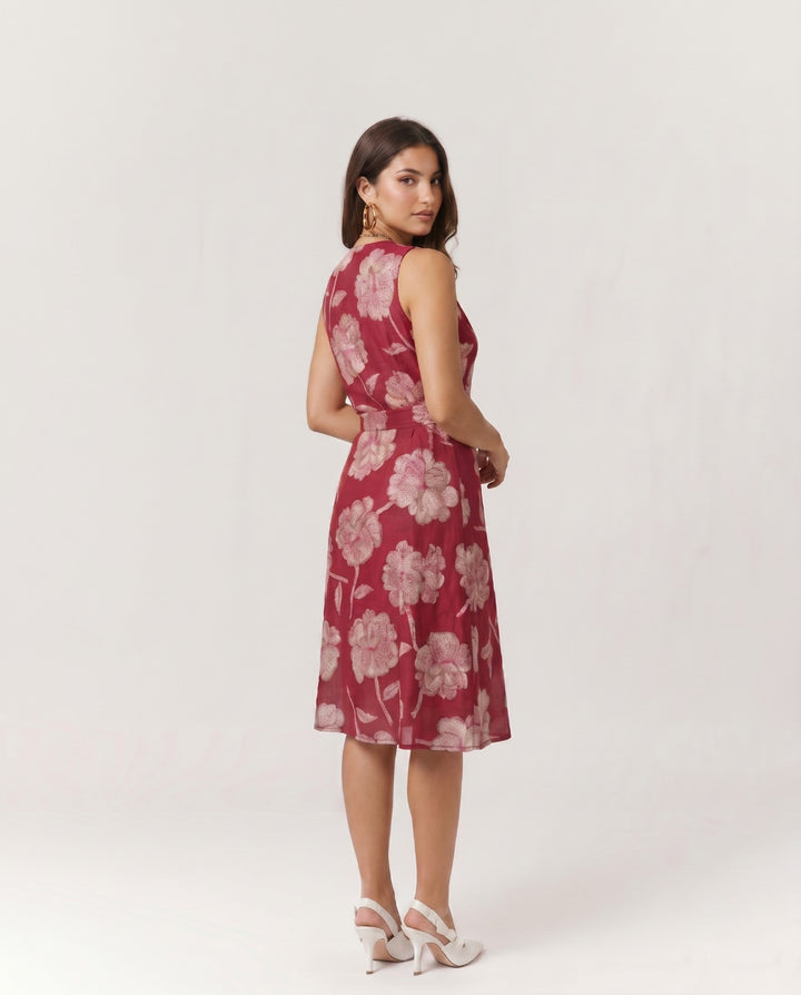 Magenta Printed &amp; Embroidered Cotton Blended Midi Dress