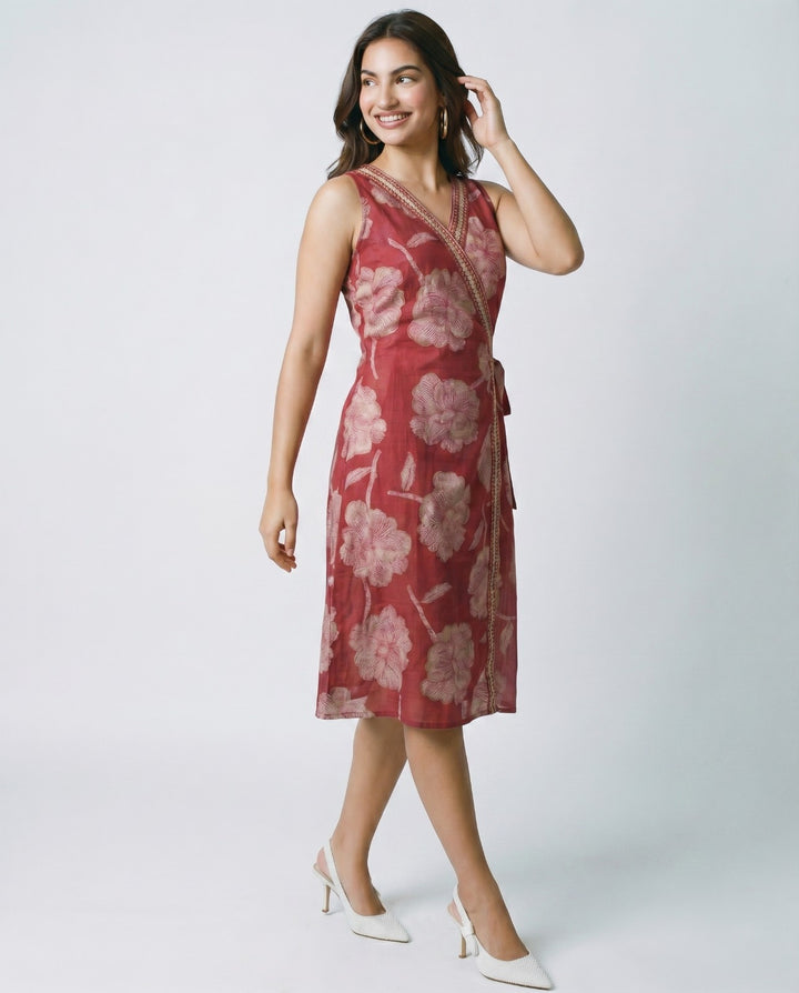 Magenta Printed &amp; Embroidered Cotton Blended Midi Dress