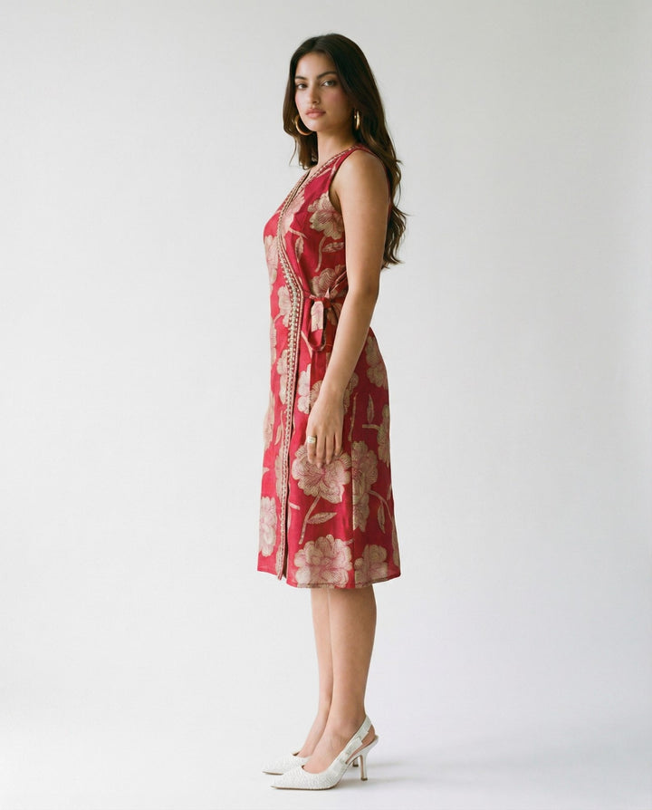 Magenta Printed &amp; Embroidered Cotton Blended Midi Dress