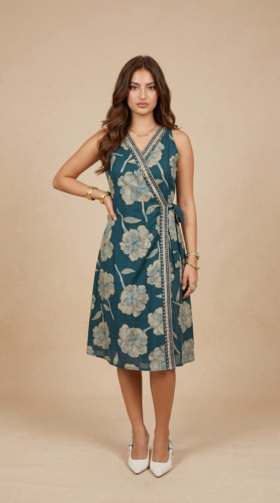 Teal Blue Printed &amp; Embroidered Cotton Blended Midi Dress