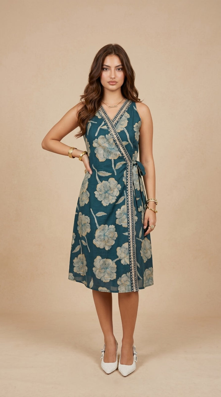 Teal Blue Printed &amp; Embroidered Cotton Blended Midi Dress