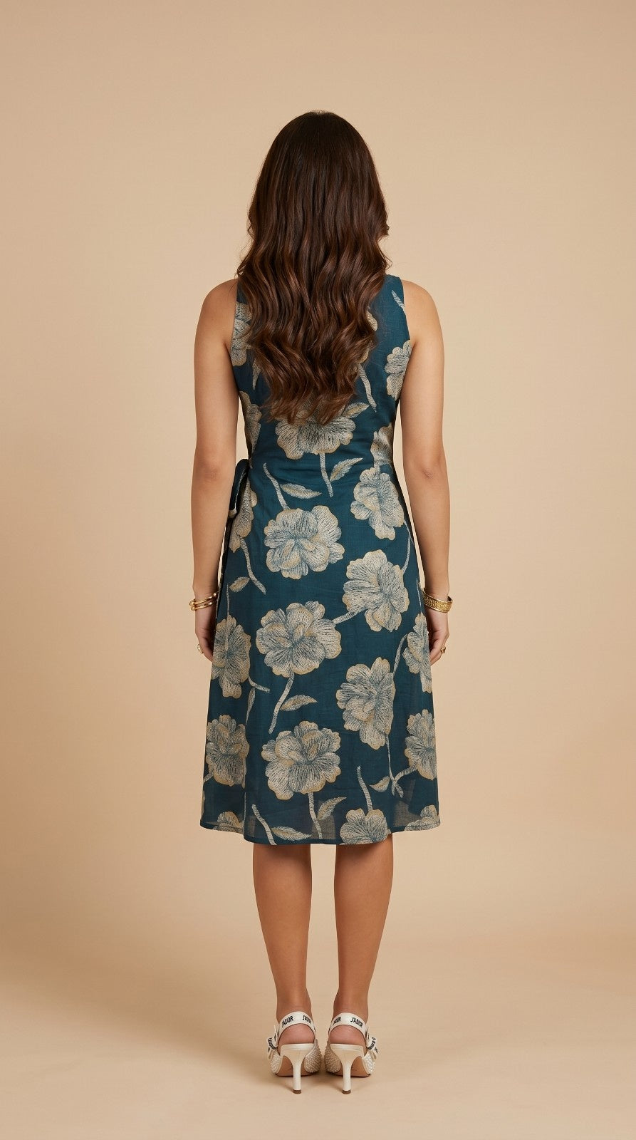 Teal Blue Printed &amp; Embroidered Cotton Blended Midi Dress