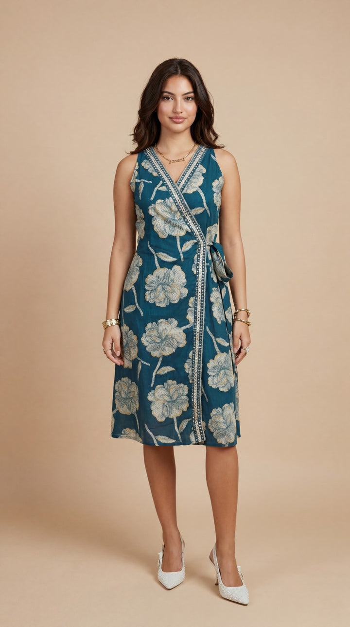 Teal Blue Printed &amp; Embroidered Cotton Blended Midi Dress
