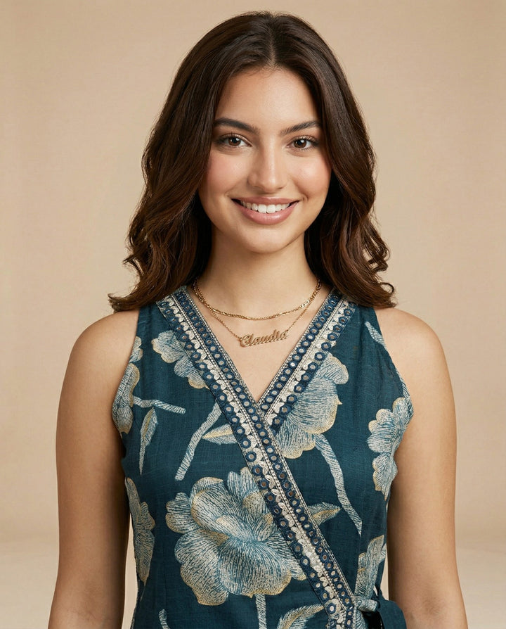 Teal Blue Printed &amp; Embroidered Cotton Blended Midi Dress