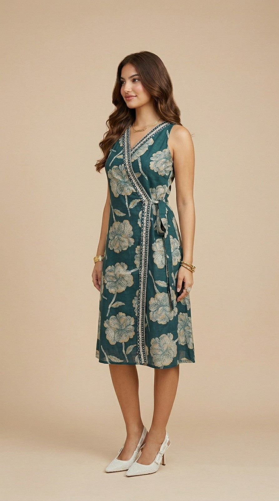 Teal Blue Printed &amp; Embroidered Cotton Blended Midi Dress