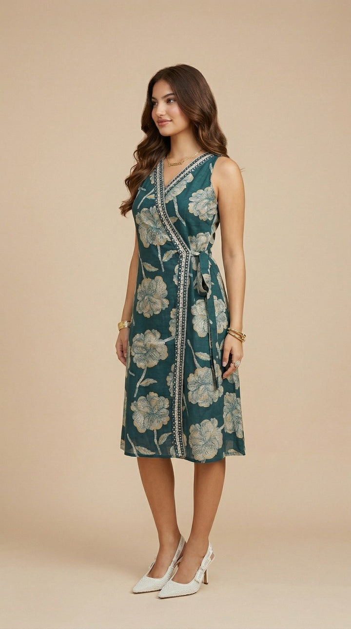 Teal Blue Printed &amp; Embroidered Cotton Blended Midi Dress