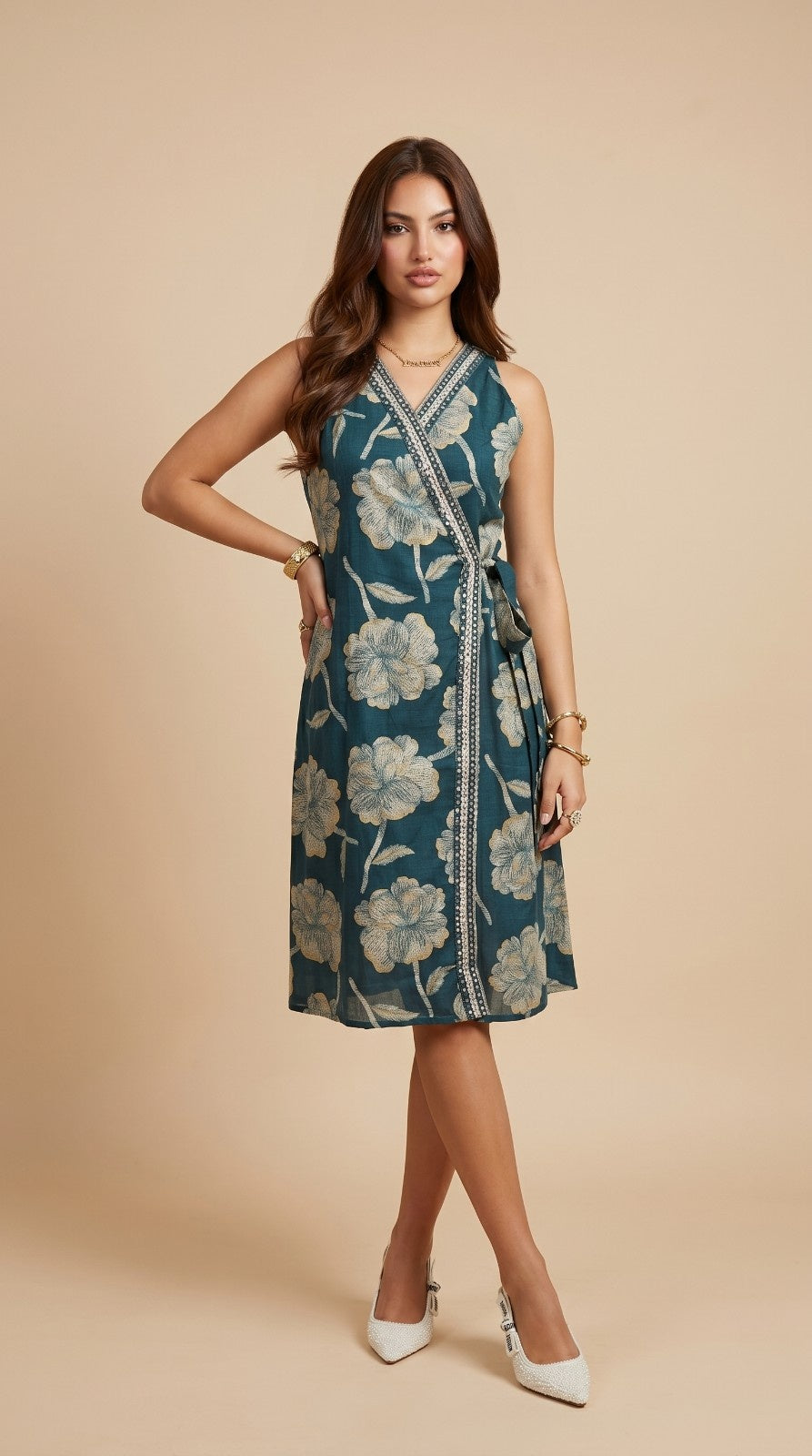 Teal Blue Printed &amp; Embroidered Cotton Blended Midi Dress