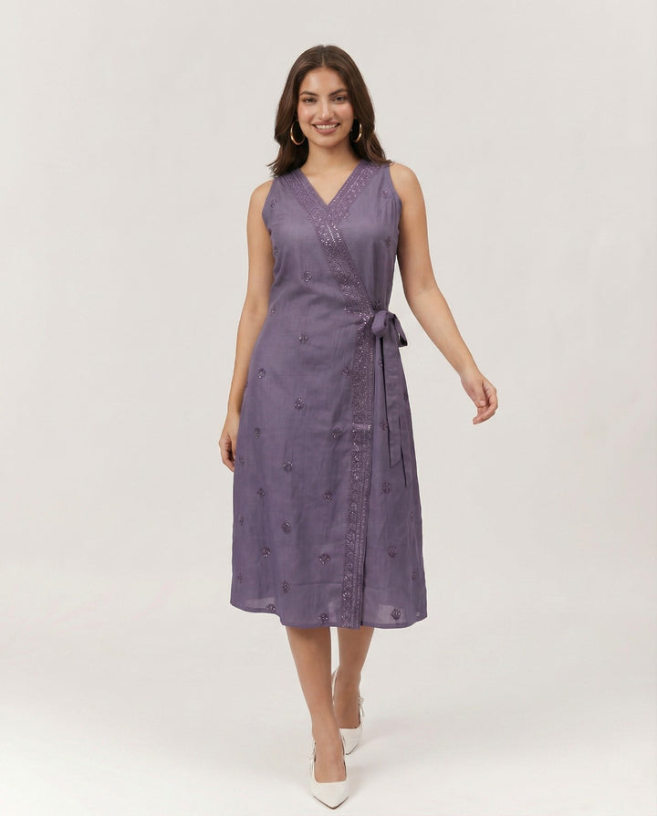 Purple Embroidered Cotton Blended Midi Dress