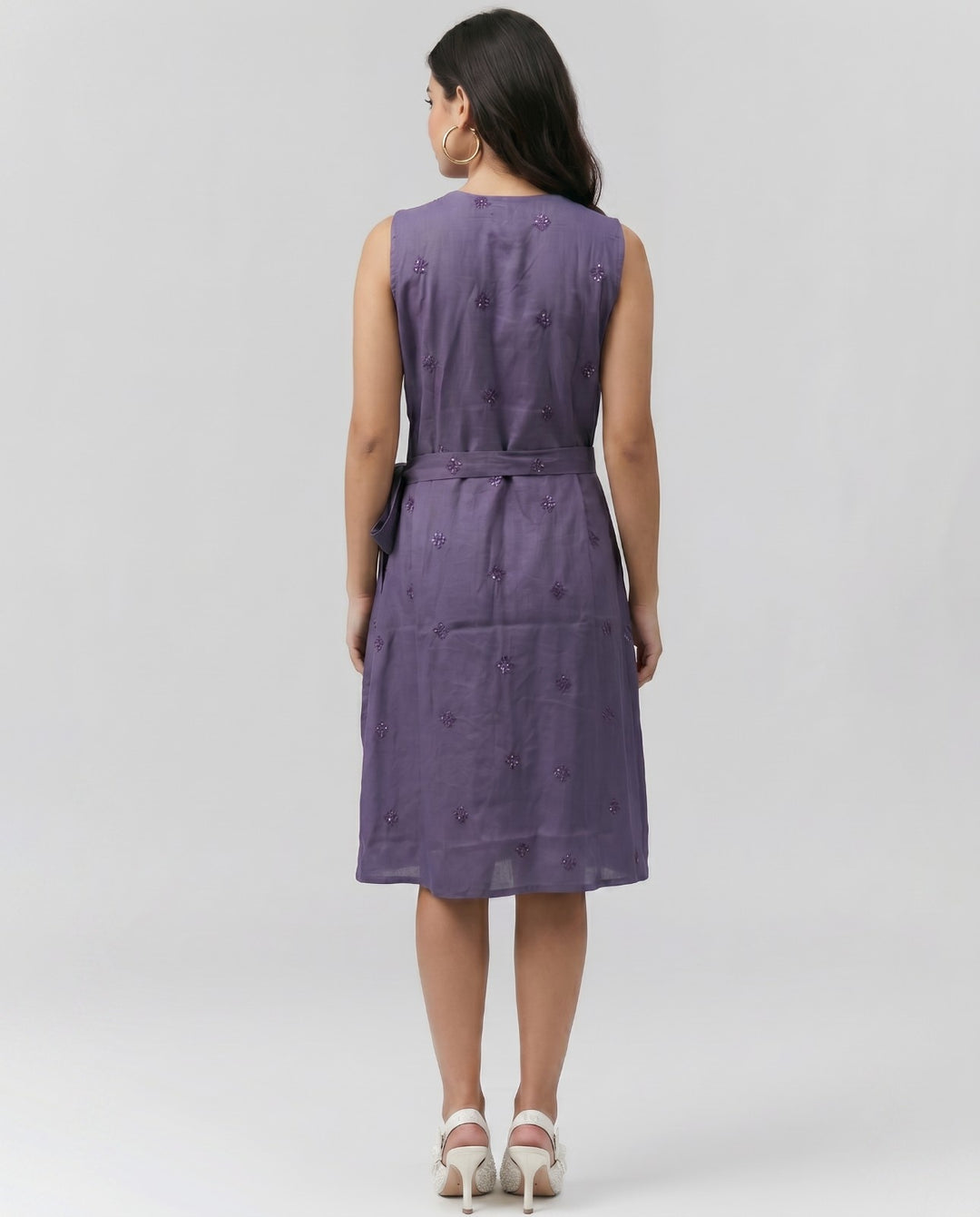Purple Embroidered Cotton Blended Midi Dress