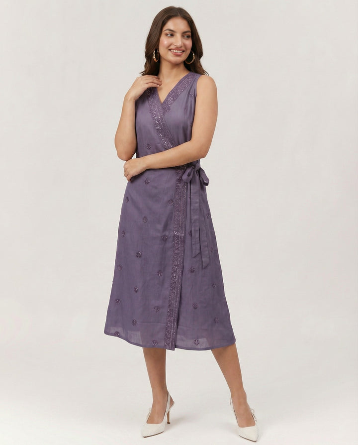 Purple Embroidered Cotton Blended Midi Dress