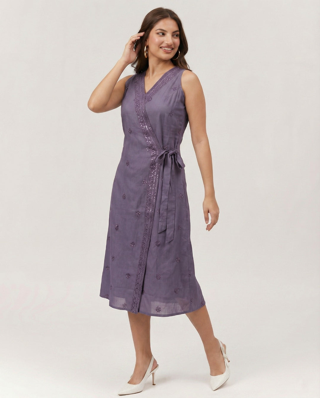 Purple Embroidered Cotton Blended Midi Dress