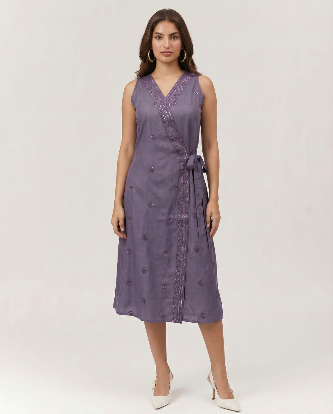 Purple Embroidered Cotton Blended Midi Dress