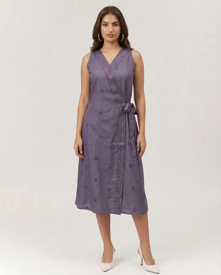 Purple Embroidered Cotton Blended Midi Dress