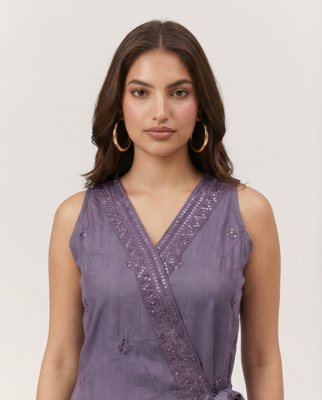 Purple Embroidered Cotton Blended Midi Dress