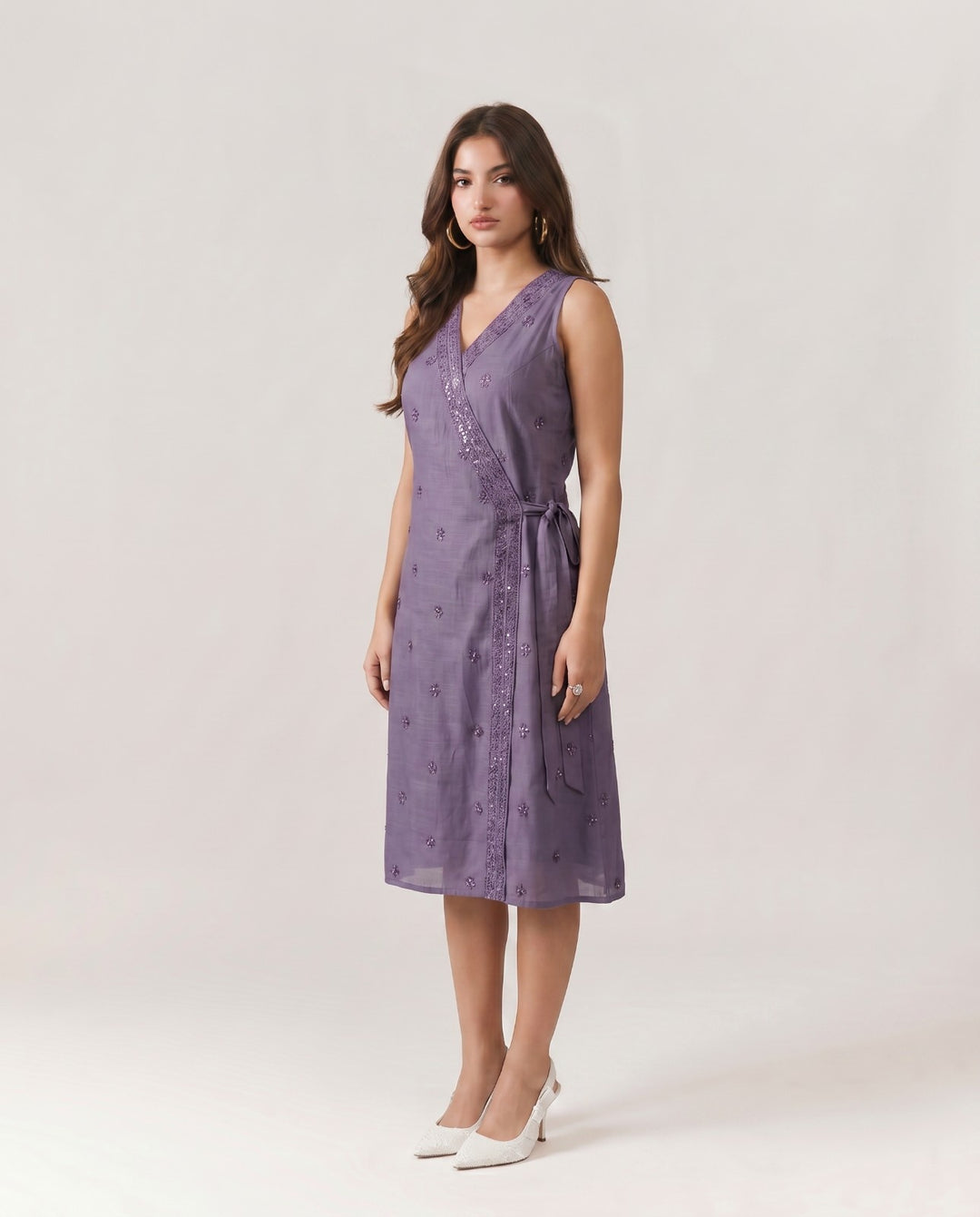 Purple Embroidered Cotton Blended Midi Dress