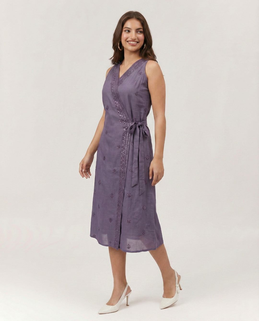 Purple Embroidered Cotton Blended Midi Dress