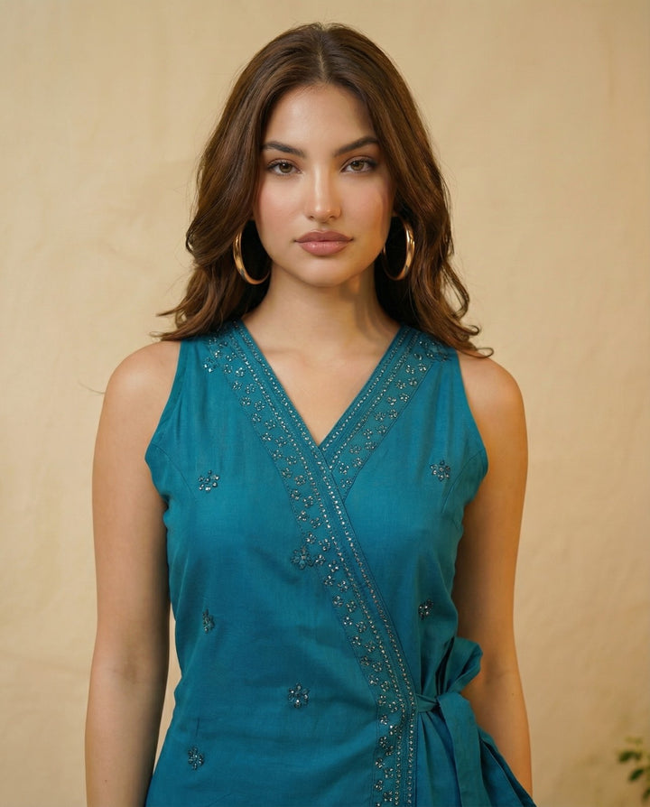 Teal Blue Embroidered Cotton Blended Midi Dress